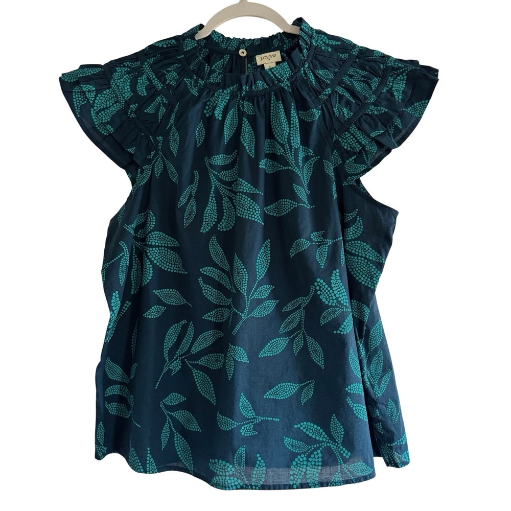 J Crew Womens Flutter Sleeve Top Large Blue Leaf 100% Cotton Summer Tropical